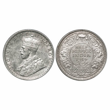 George V, Silver, Half Rupee, 1916, Bombay Mint, Dot. F. Prid 340. GK 1054. Uncirculated. 