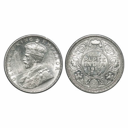 George V, Silver, Half Rupee, 1917, Bombay Mint, Dot. F. Prid 341. GK 1055. Uncirculated. 