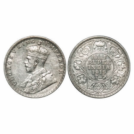 George V, Silver, Half Rupee, 1919, Bombay Mint, Dot. F. Prid 343. GK 1057. About Uncircul