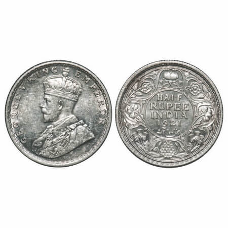 George V, Silver, Half Rupee, 1921, Calcutta Mint, No dot. F. Prid 324. GK 1058. Brilliant