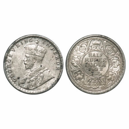 George V, Silver, Half Rupee, 1922, Calcutta Mint, No dot. F. Prid 325. GK 1059. Almost Un