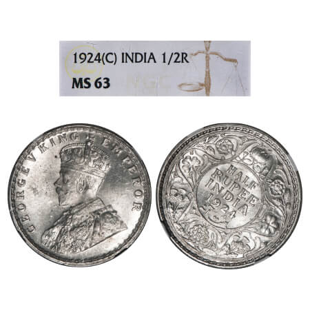 George V, Silver, Half Rupee, 1924, Calcutta Mint, No dot, Almost 1 o'clock on Rev. F. Pri