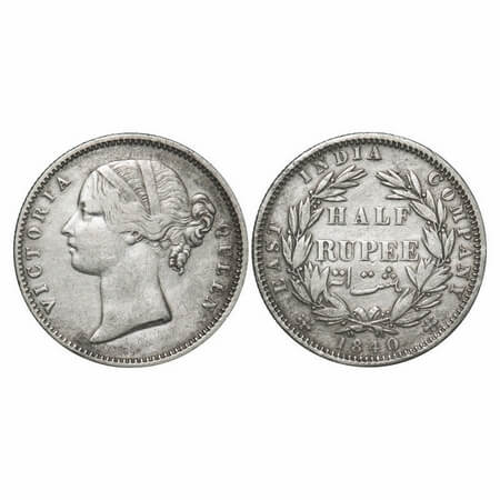 Victoria Queen, Silver, Half Rupee, 1840, DL, Calcutta Mint, .W.W incused, Wreath with 24 