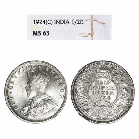 George V, Silver, Half Rupee, 1924, Calcutta Mint, No dot, Elephant. F. Prid 327. GK 1063.