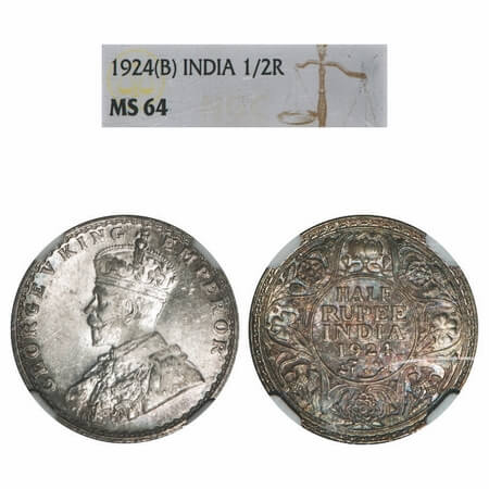 George V, Silver, Half Rupee, 1924, Bombay Mint, Dot. F. Prid 346. GK 1064. NGC Slabbed MS