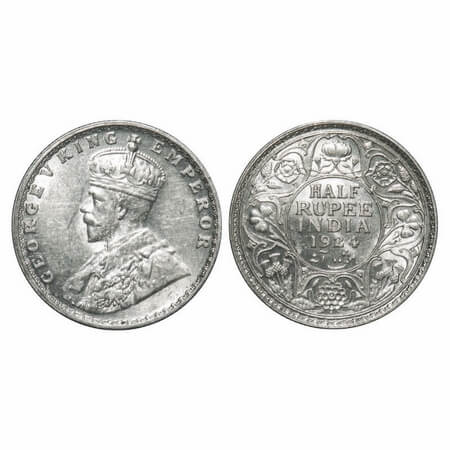 George V, Silver, Half Rupee, 1924, Bombay Mint, Dot. F. Prid 346. GK 1064. Brilliant Unci