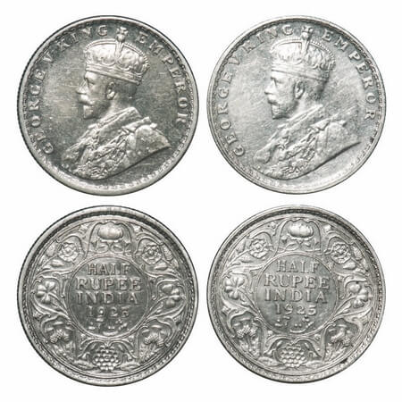George V, Silver, Half Rupee, 1925, (2 coins), 1) Calcutta Mint, No dot, 2) Bombay Mint, D