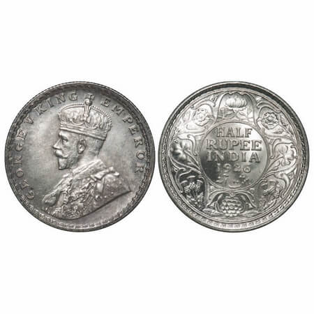 George V, Silver, Half Rupee, 1926, Calcutta Mint, No dot. F. Prid 329. GK 1067. Uncircula