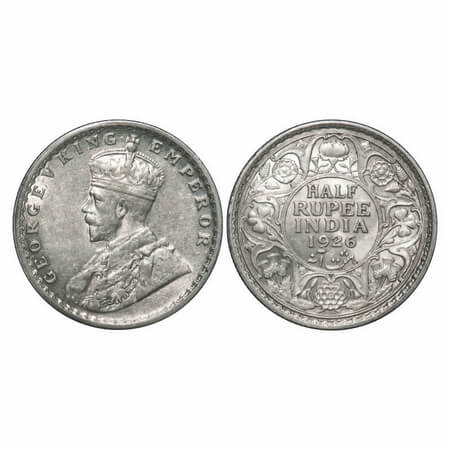 George V, Silver, Half Rupee, 1926, Calcutta Mint, Dot. F. Prid 329. GK 1067. About Uncirc