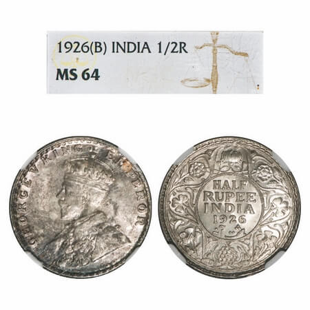 George V, Silver, Half Rupee, 1926, Bombay Mint, Dot. F. Prid 348. GK 1068. NGC Slabbed MS