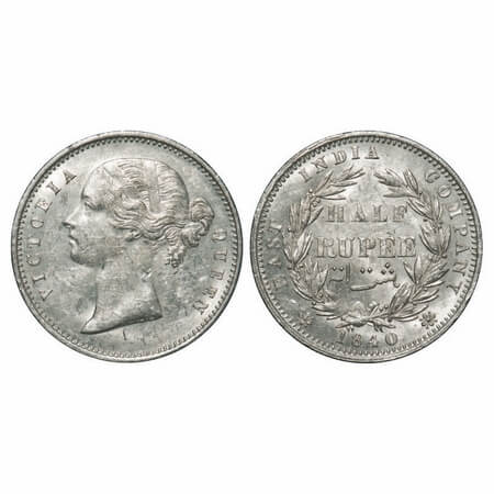 Victoria Queen, Silver, Half Rupee, 1840, DL, Calcutta Mint, .W.W incused, Wreath with 24 