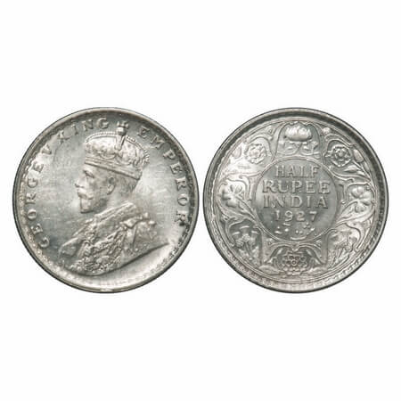 George V, Silver, Half Rupee, 1927, Calcutta Mint, No dot. F. Prid 330. GK 1069. Uncircula