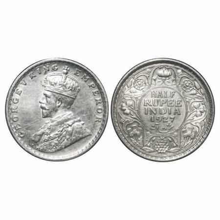 George V, Silver, Half Rupee, 1927, Calcutta Mint, No dot. F. Prid 330. GK 1069. Extremely