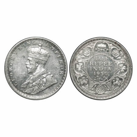 George V, Silver, Half Rupee, 1930, Calcutta Mint, No dot. F. Prid 332. GK 1072. Uncircula