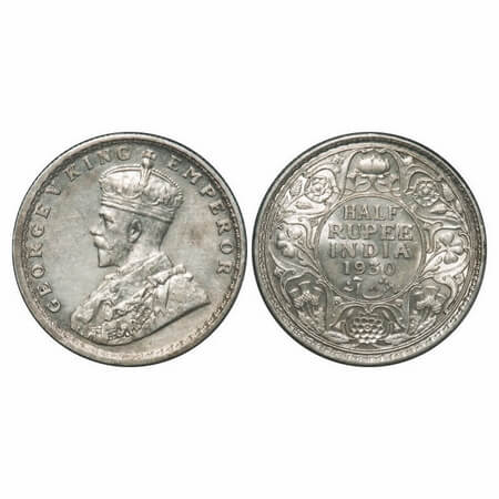 George V, Silver, Half Rupee, 1930, Calcutta Mint, No dot. F. Prid 332. GK 1072. Uncircula