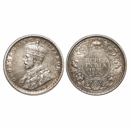 George V, Silver, Half Rupee, 1930, Calcutta Mint, No dot. F. Prid 332. GK 1072. Almost Un