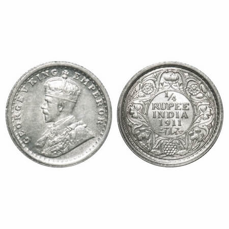 George V, Silver, 1/4 Rupee, 1911, Calcutta Mint, No dot, Pig-Type. F. Prid 440. GK 1080. 