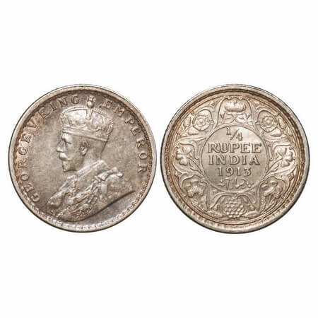 George V, Silver, 1/4 Rupee, 1913, Calcutta Mint, No dot. F. Prid 442. GK 1083. About Unci