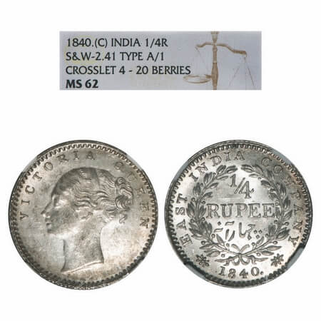 Victoria Queen, Silver, 1/4 Rupee, 1840, CL, Calcutta Mint, A/I, English Head, Wreath with