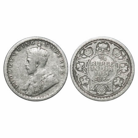 George V, Silver, 1/4 Rupee, 1915, Calcutta Mint, No dot. F. Prid 444. GK 1087. Fine+. Sca