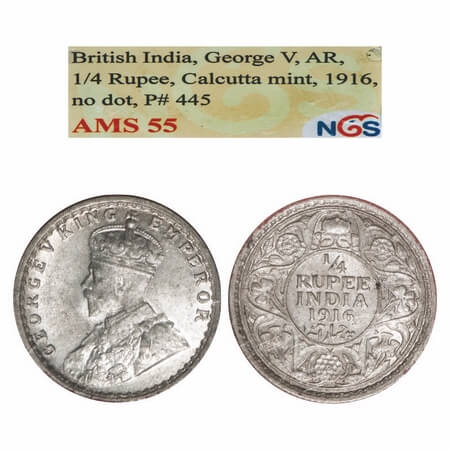 George V, Silver, 1/4 Rupee, 1916, Calcutta Mint, No dot. F. Prid 445. GK 1089. NGS Slabbe