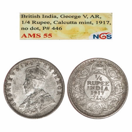 George V, Silver, 1/4 Rupee, 1917, Calcutta Mint, No dot. F. Prid 446. GK 1090. NGS Slabbe
