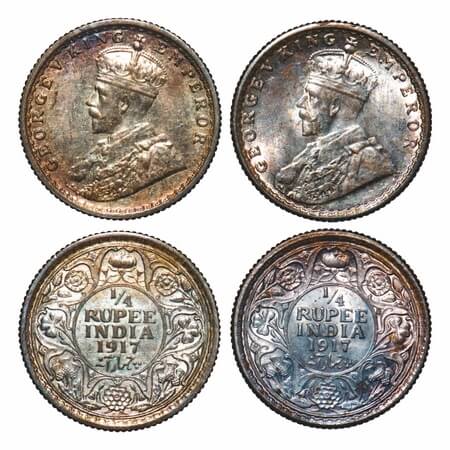 George V, Silver, 1/4 Rupee, (2 coins), 1917, Calcutta Mint, No dot. F. Prid 446(2). GK 10