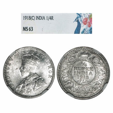 George V, Silver, 1/4 Rupee, 1918, Calcutta Mint, No dot. F. Prid 447. GK 1091. NGC Slabbe