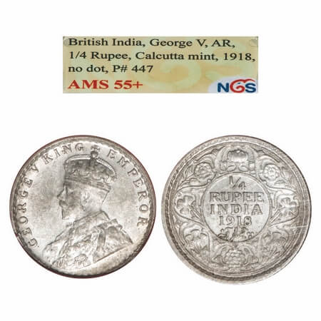 George V, Silver, 1/4 Rupee, 1918, Calcutta Mint, No dot. F. Prid 447. GK 1091. NGS Slabbe