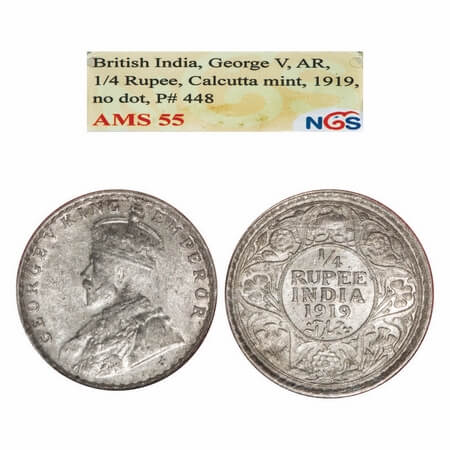 George V, Silver, 1/4 Rupee, 1919, Calcutta Mint, No dot. F. Prid 448. GK 1092. NGS Slabbe