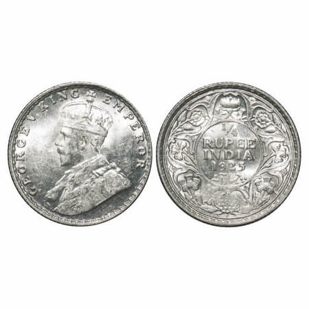 George V, Silver, 1/4 Rupee, 1925, Bombay Mint, Dot. F. Prid 458. GK 1093. Mint State. Rar