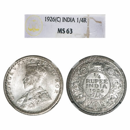 George V, Silver, 1/4 Rupee, 1926, Calcutta Mint, No dot. F. Prid 449. GK 1094. NGC Slabbe