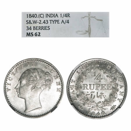 Victoria Queen, Silver, 1/4 Rupee, 1840, CL, Calcutta Mint, C/II, Indian Head, Wreath with