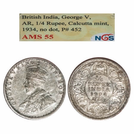 George V, Silver, 1/4 Rupee, 1934, Calcutta Mint, No dot. F. Prid 452. GK 1098. NGS Slabbe