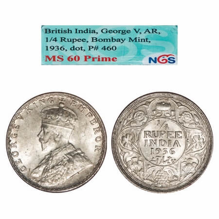 George V, Silver, 1/4 Rupee, 1936, Bombay Mint, Dot. F. Prid 460. GK 1100. NGS Slabbed MS