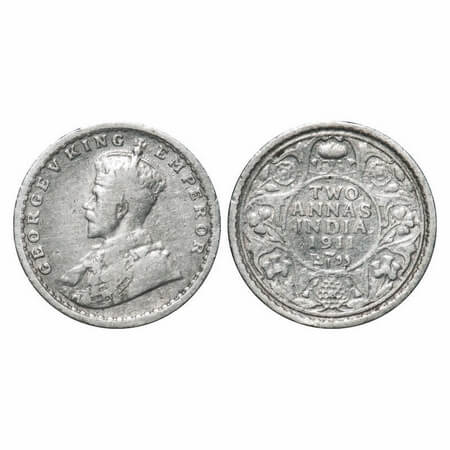 George V, Silver, 2 Annas, 1911, Calcutta Mint, No dot, Pig-Type. F. Prid 564. GK 1107. Ve