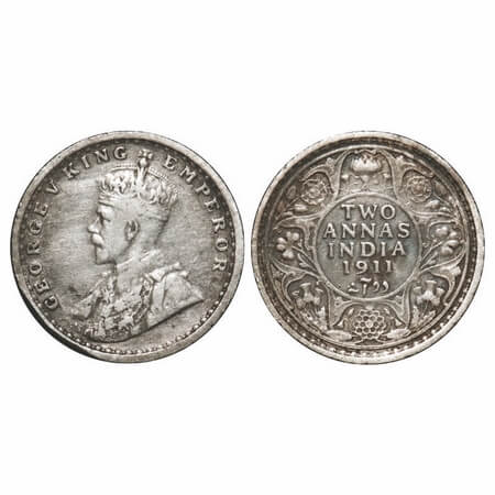 George V, Silver, 2 Annas, 1911, Calcutta Mint, No dot, Pig-Type. F. Prid 564. GK 1107. Ve