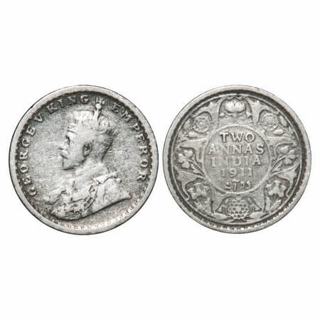 George V, Silver, 2 Annas, 1911, Calcautta Mint, No dot, Pig-Type. F. Prid 564. GK 1107. F