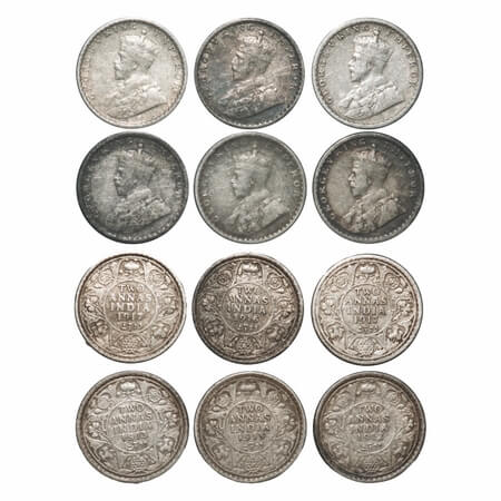 George V, Silver, 2 Annas, (Lot of 6 coins), 1) 1912, Bombay Mint, Dot, 2) 1913, Calcutta 