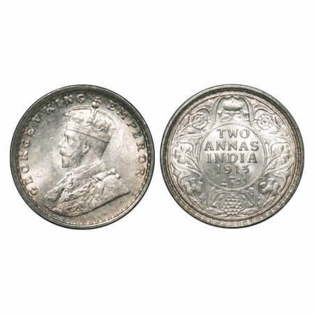George V, Silver, 2 Annas, 1913, Bombay Mint, Dot. F. Prid 572. GK 1111. Mint State. Rare.