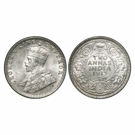 George V, Silver, 2 Annas, 1913, Bombay Mint, Dot. F. Prid 572. GK 1111. Uncirculated. Ver