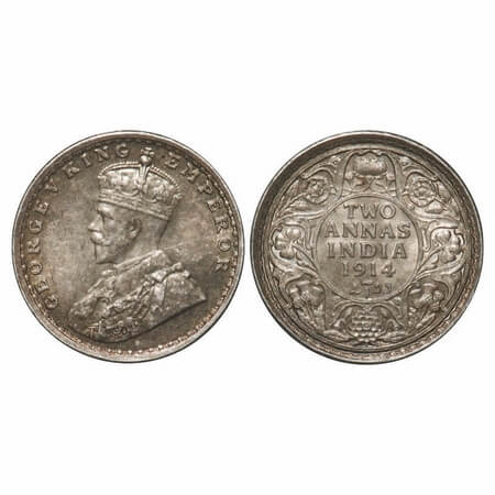 George V, Silver, 2 Annas, 1914, Bombay Mint, Dot. F. Prid 573. GK 1113. Uncirculated, Ton