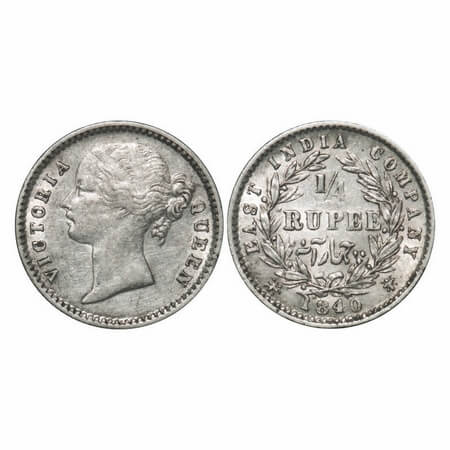 Victoria Queen, Silver, 1/4 Rupee, 1840, DL, Calcutta Mint, W.W. Raised, Wreath with 10 Be
