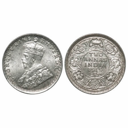 George V, Silver, 2 Annas, 1915, Bombay Mint, Dot. F. Prid 574. GK 1115. Uncirculated. Sca