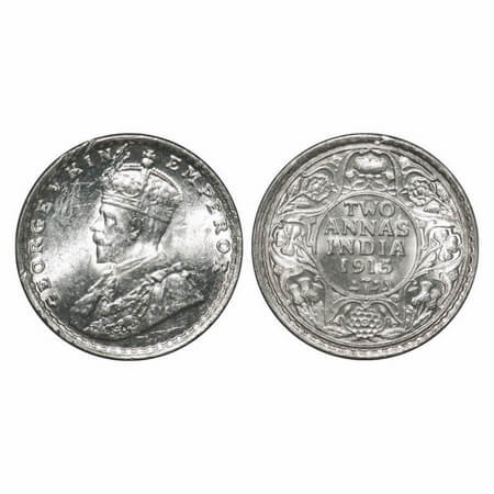George V, Silver, 2 Annas, 1915, Bombay Mint, Dot, Ghost on Rev, Planchet flaw on Obv. F. 