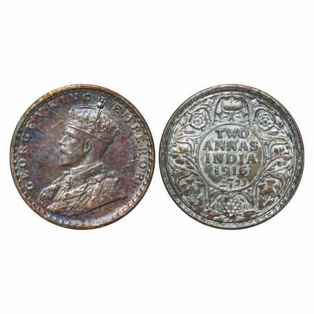 George V, Silver, 2 Annas, 1916, Calcutta Mint, No dot. F. Prid 569. GK 1116. Uncirculated