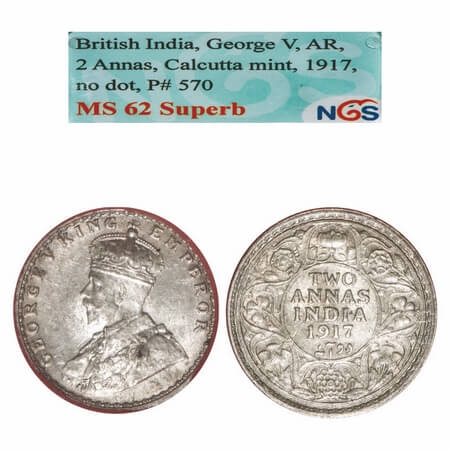 George V, Silver, 2 Annas, 1917, Calcutta Mint, No dot. F. Prid 570. GK 1117. NGS Slabbed 