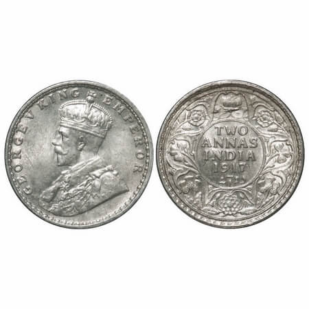 George V, Silver, 2 Annas, 1917, Calcutta Mint, No dot. F. Prid 570. GK 1117. Uncirculated