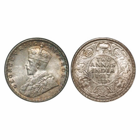 George V, Silver, 2 Annas, 1917, Calcutta Mint, No dot. F. Prid 570. GK 1117. Uncirculated
