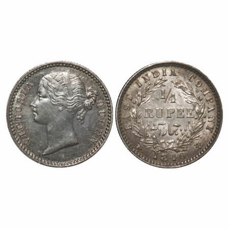 Victoria Queen, Silver, 1/4 Rupee, 1840, DL, Calcutta Mint, W.W. Raised, Wreath with 10 Be